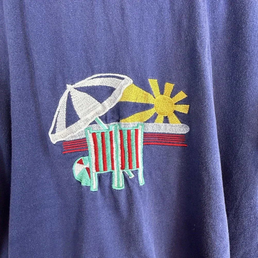 Vintage T-Shirt Oleg Cassini XL Blue 100% Cotton Embroidered Beach Scene